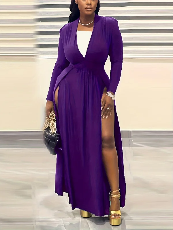 Sixsr Plus Size Solid Color Long Sleeve Split Hem Maxi Dress, Women's Plus V Neck Medium Stretch Elegant Party Dress