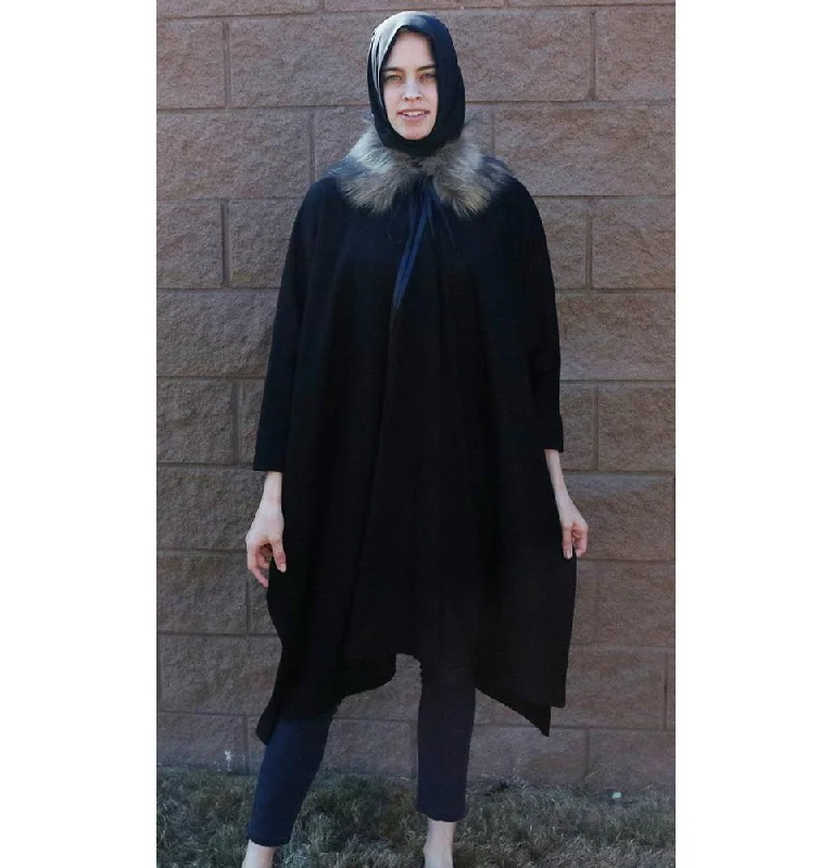 Puane Wool Touch Poncho Coat with Fur 3113 Black