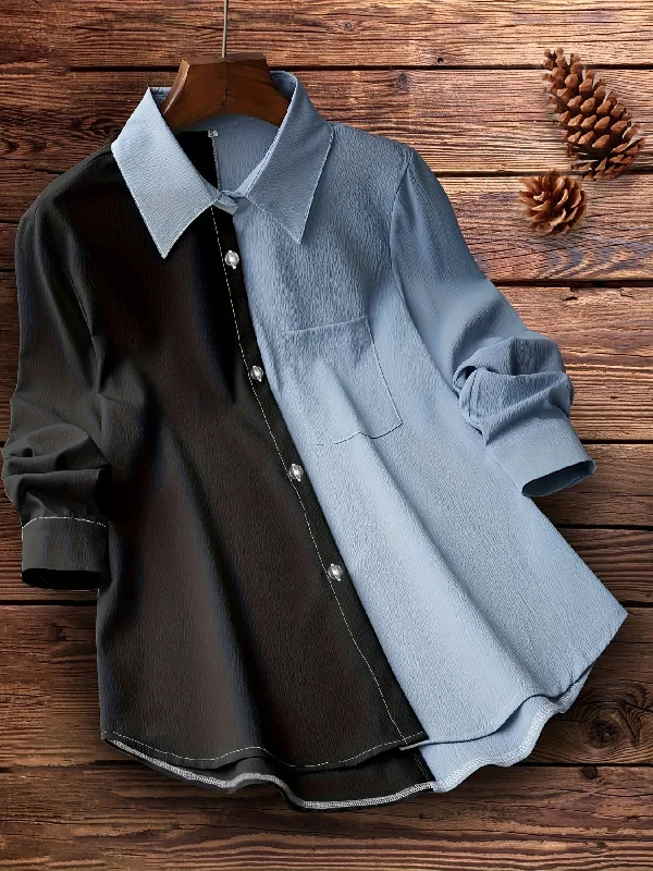 Sixsr Colorblock Polo Collar Button Shirt, Casual Long Sleeve Shirt For Spring & Fall, Women's Clothing