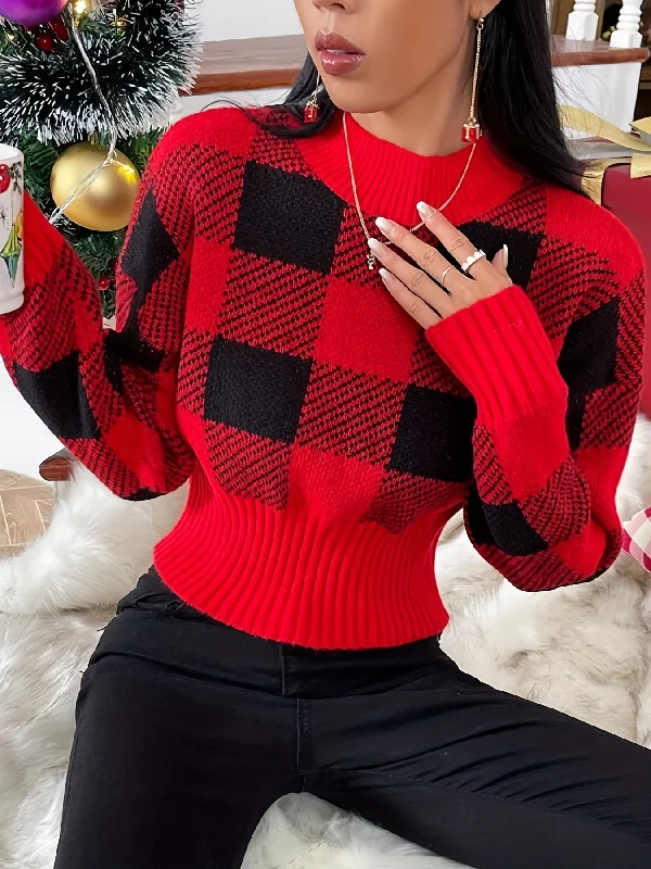 Sixsr Christmas Plaid Mock Neck Pullover Sweater, Casual Cinched Waist Long Sleeve Sweater, Women's Clothing