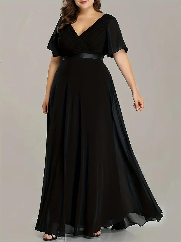 Sixsr Plus Size Elegant Bridesmaid Dress, Women's Plus Solid Ruffle Sleeve Surplice Neck Maxi Formal Evening Dress