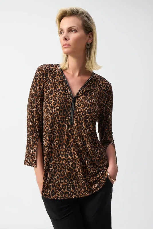 Joseph Ribkoff Beige/Black Animal Print 3/4 Split Sleeve Tunic Top 244252