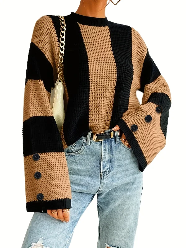 Sixsr Striped Flare Sleeve Pullover Sweater, Casual Button Decor Crew Neck Knitted Top, Women's Clothing