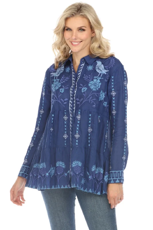 Johnny Was Workshop Midnight Blue Tarra Tiered Shirt Tunic Top Boho Chic W20024