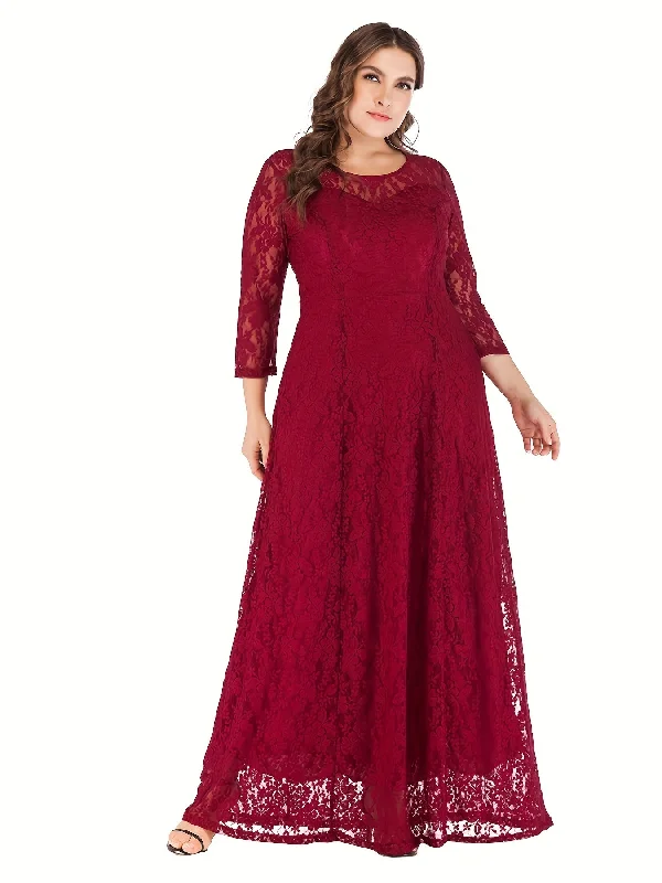 Sixsr Plus Size Romantic Wedding Dress, Women's Plus Floral Lace Long Sleeve Round Neck Lined Formal Party Dress