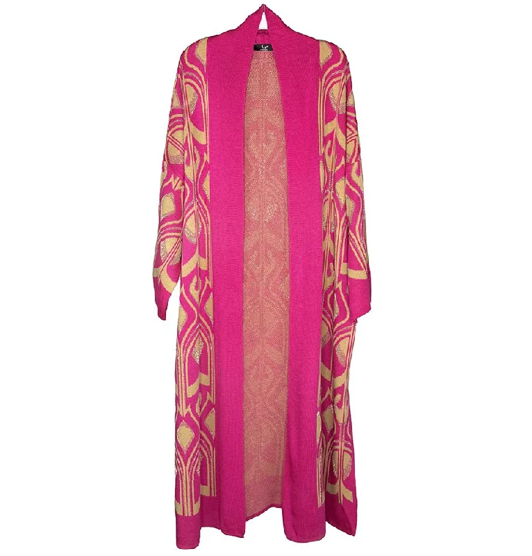 Modest Muslim Women's Abstract Turkish Tulip Long Knitted Cardigan - Pink & Creme