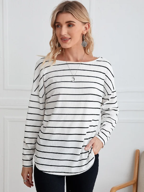 Casual Striped Contrast Lace Long Sleeve Round Neck Regular Women T-Shirt