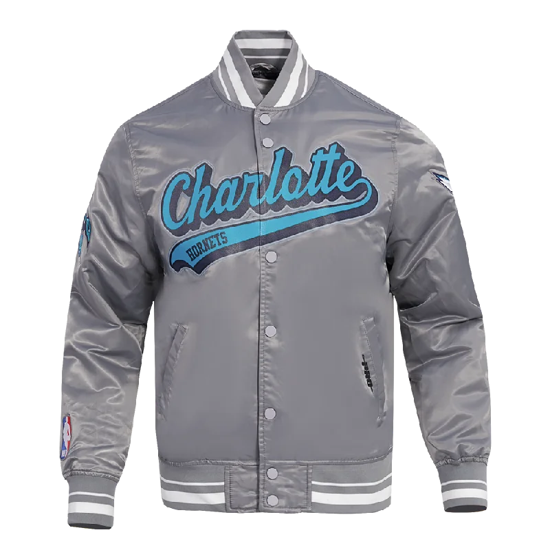 NBA CHARLOTTE HORNETS SCRIPT TAIL MEN'S SATIN JACKET (GRAY)