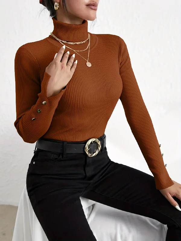 Sixsr Solid Turtle Neck Slim Pullover Sweater, Casual Long Sleeve Fake Button Sweater For Fall & Winter, Women's Clothing