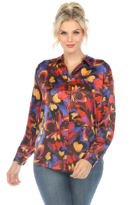 Johnny Was Love Eclipse Blooms Silk Long Sleeve Shirt Boho Chic L18523-O