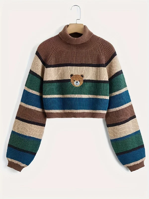 Sixsr Bear Pattern Striped Pullover Sweater, Cute Turtle Neck Long Sleeve Crop Sweater, Women's Clothing