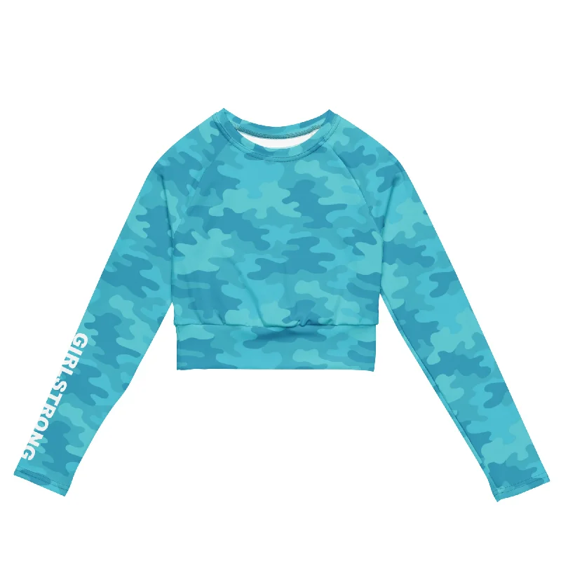 THE ESSENTIAL, SOFT  STRETCH, LONG SLEEVE FITTED CROP TOP THE POWER OF TURQUOISE CAMO