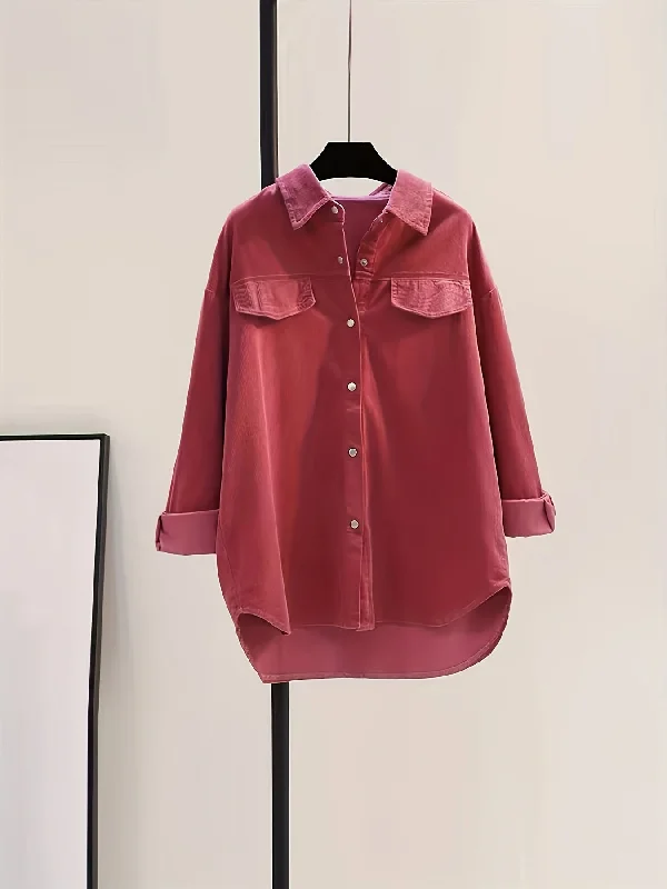 Sixsr Solid Button Front Corduroy Shirt, Versatile Long Sleeve Loose Shirt For Spring & Fall, Women's Clothing