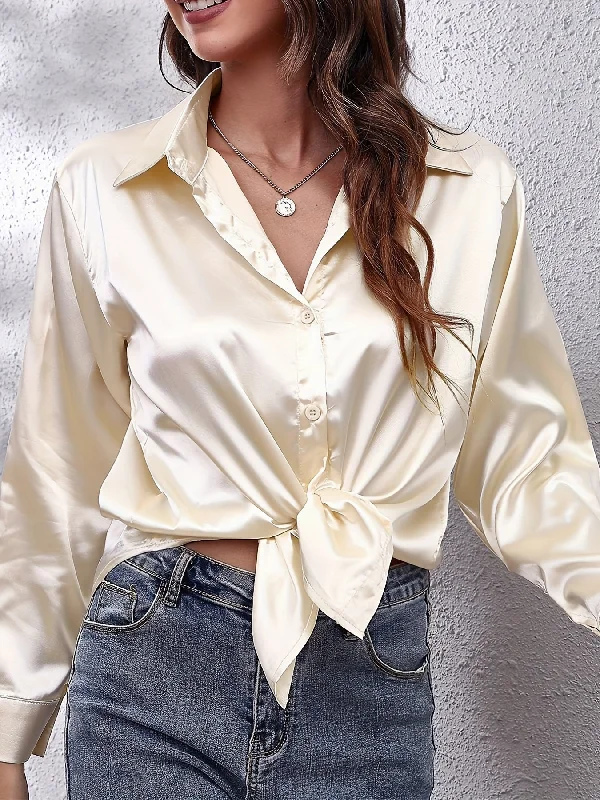 Sixsr Plus Size Casual Top, Women's Plus Solid Satin Button Up Long Sleeve Turn Down Collar Blouse