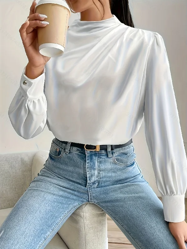 Sixsr Solid Ruched Mock Neck Blouse, Casual Long Sleeve Blouse For Spring & Fall, Women's Clothing