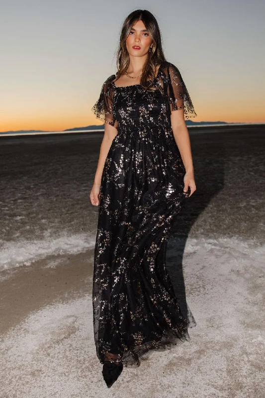 Cassandra Tulle Maxi Dress | Metallic Black