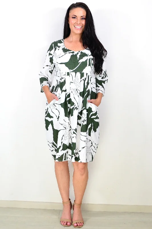 White Olive Floral Print Tunic Dress