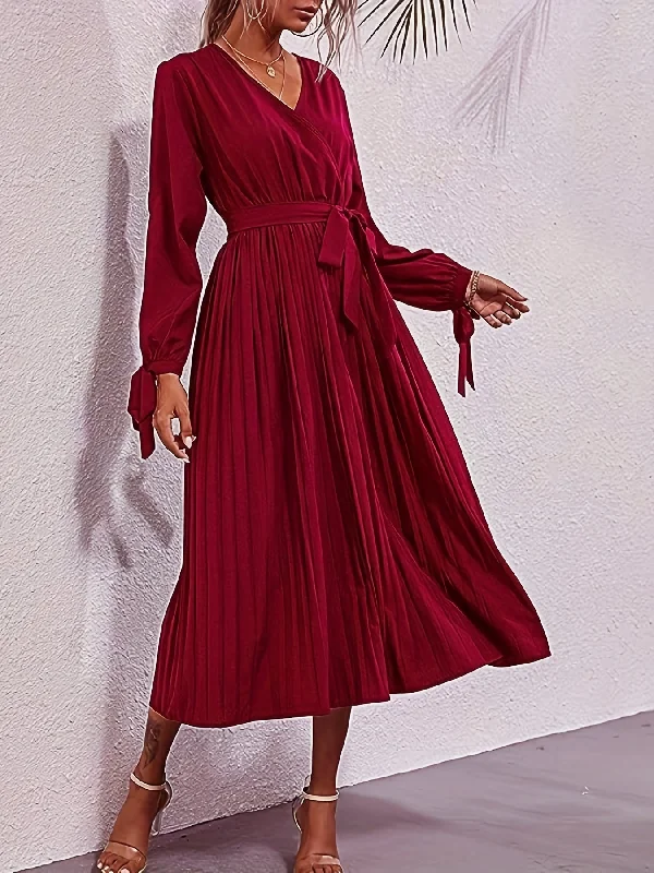 Sixsr Plus Size Elegant Dress, Women's Plus Solid Knot Cut Out Long Sleeve Surplice Neck Maxi Pleated Dress With Belt