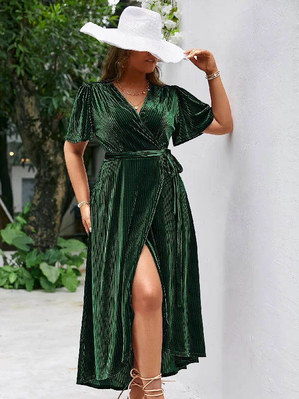 Sixsr Plus Size Velvet V Neck Short Sleeve High Split Maxi Dress, Women's Plus Medium Stretch Elegant Long Wrap Dress