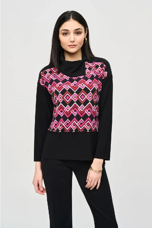 Joseph Ribkoff Black/Multi Geometric Print Cowl Neck Top 243071