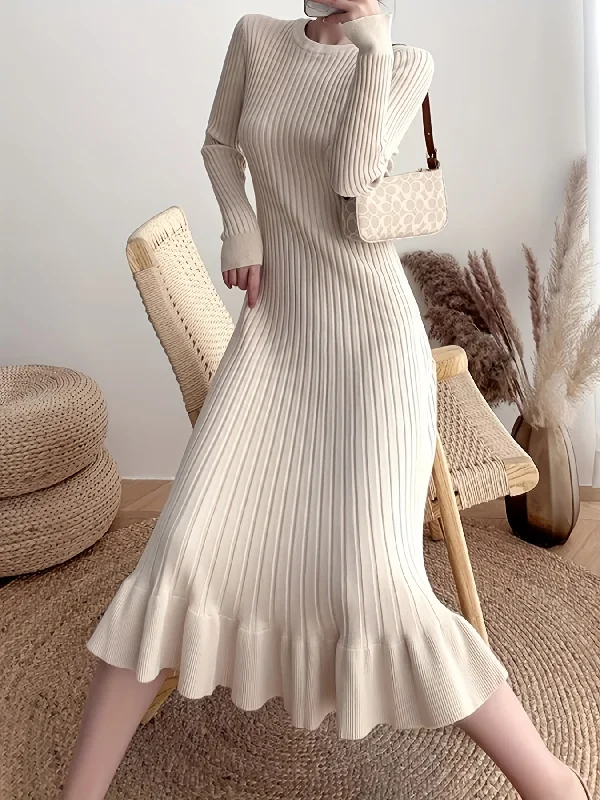 Sixsr Ribbed Ruffle Hem Dress, Elegant Crew Neck Long Sleeve Dress, Women's Clothing