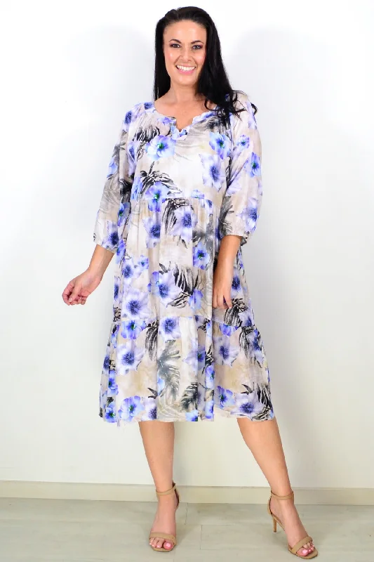 Beige Blue Floral Midi Tunic Dress