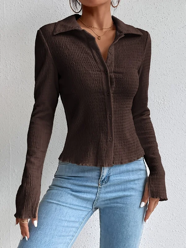 Sixsr Textured Button Front Collared Blouse, Casual Long Sleeve Top For Spring & Fall, Women's Clothing