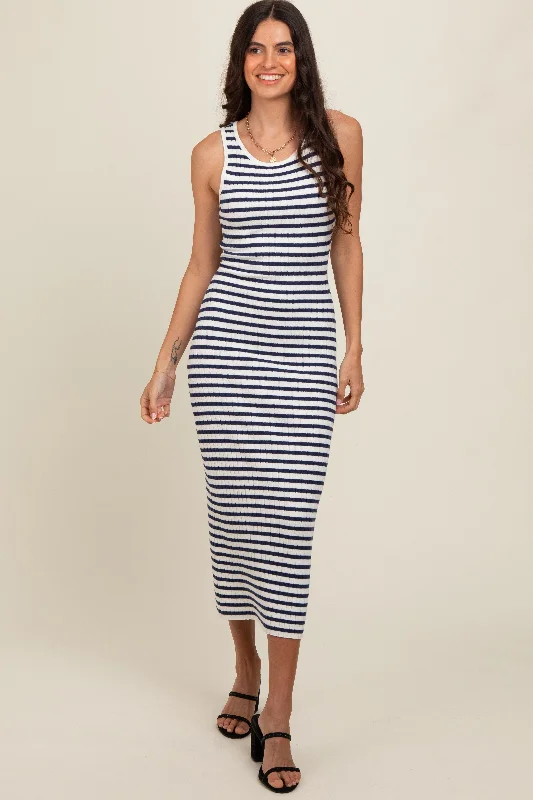 Navy Blue Sleeveless Round Neck Striped Rib Sweater Midi Dress