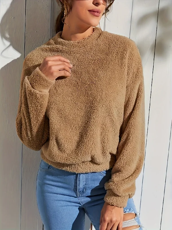 Sixsr Solid Color Teddy Pullover Sweatshirt, Casual Long Sleeve Crew Neck Sweatshirt For Fall & Winter, Women's Clothing