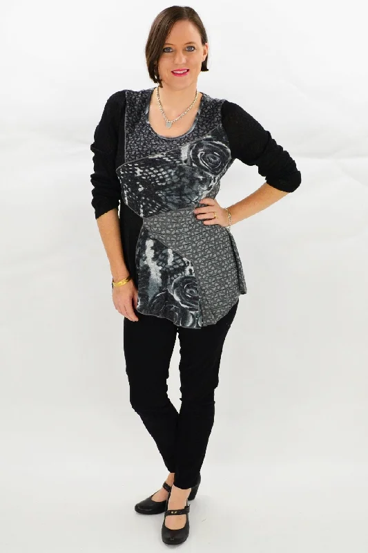 Black Grey Rose Tunic Top