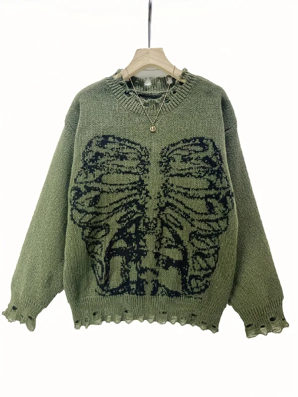 Sixsr Skeleton Pattern Gothic Sweater, Long Sleeve Casual Sweater, Women's Clothing