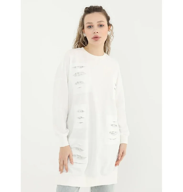 Modern Muslim Women's Ripped Sweater with Rhimestones - 10409 White