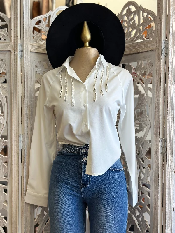 Ivory Dainty Rhinestone Blouse- Stretchy