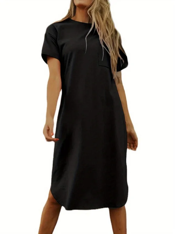 Sixsr Crew Neck Mid Length Dress, Short Sleeve Solid Summer Pockets Dresses, Women's Clothing