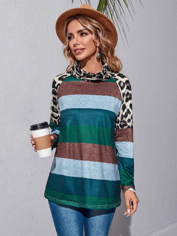 Casual Leopard Long Sleeve Cowl Neck Long Women T-Shirt