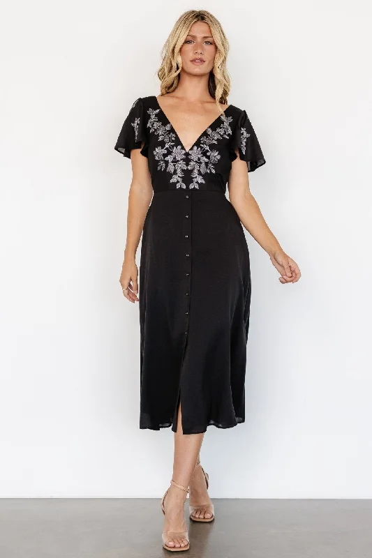 Swan Bead Embroidered Midi Dress | Black