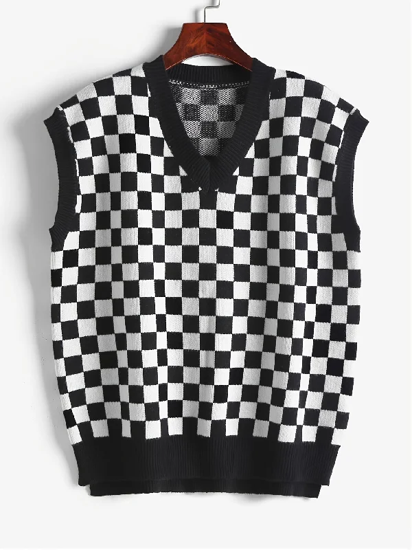 Sixsr Casual Checkerboard V-neck Sweater Vests, Loose Split Hem Sleeveless Fall Winter Knit Sweater Vest, Women's Clothing