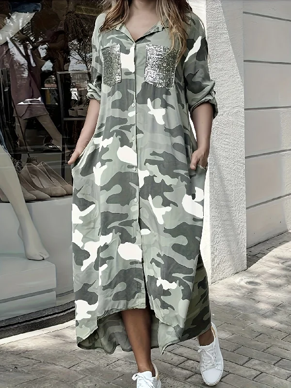 Sixsr Camo Print Shirt Dress, Casual Button Front Long Sleeve Collar Dress, Women's Clothing