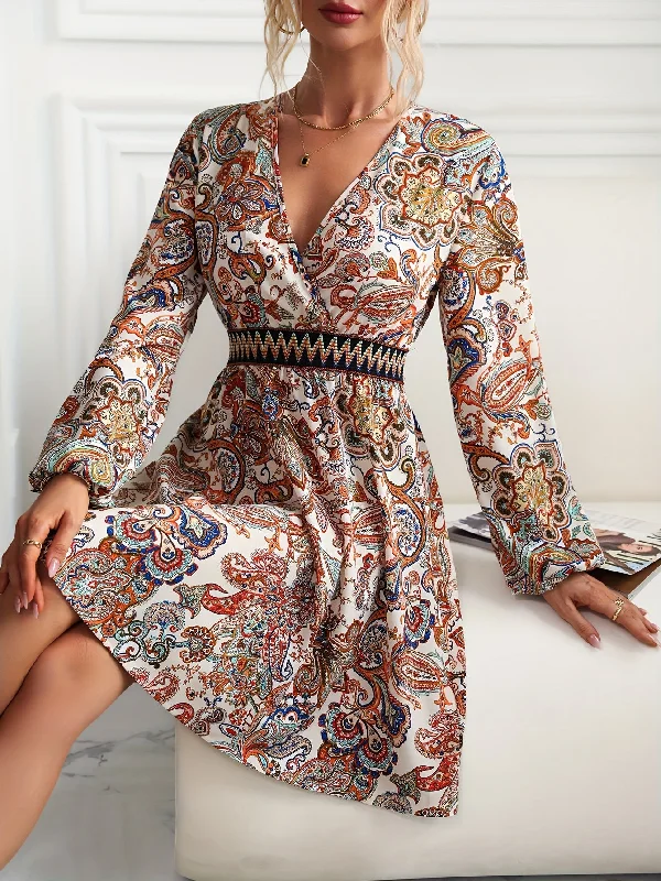 Sixsr Boho Print V Neck Dress, Casual Long Sleeve Dress For Spring, Women's Clothing