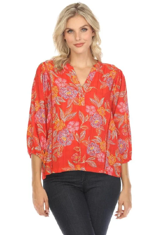 Johnny Was Floral Print 3/4 Sleeve V-Neck Top R11324 Boho Chic