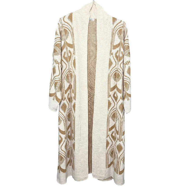 Modest Muslim Women’s Abstract Turkish Tulip Long Knitted Cardigan - Beige & Creme