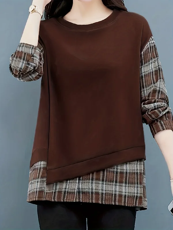 Sixsr Long Sleeve Plaid Pullover, Crew Neck Casual Top For Spring & Fall, Women's Clothing