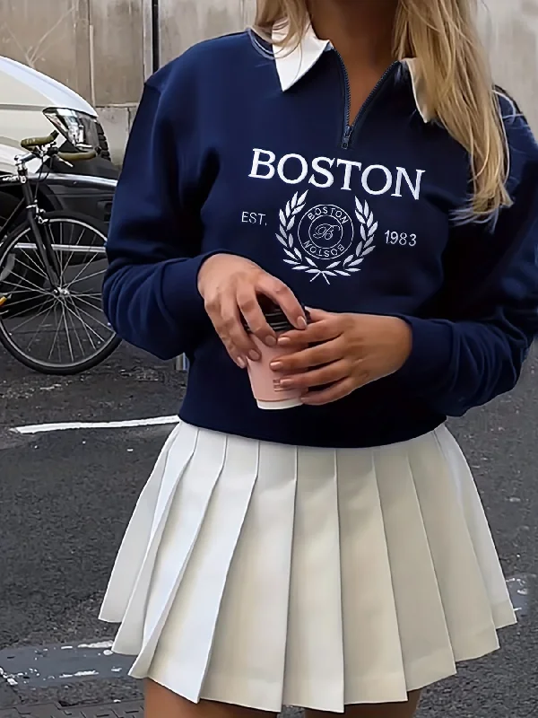 Sixsr Boston Print Zip Sweatshirt, Casual Long Sleeve Polo Collar Sweatshirt, Women's Clothing