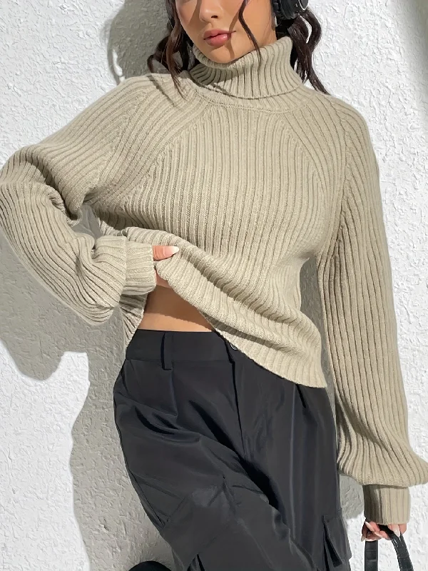 Sixsr Ribbed Knit Turtle Neck Sweater, Casual Lantern Sleeve Sweater For Fall & Winter, Women's Clothing