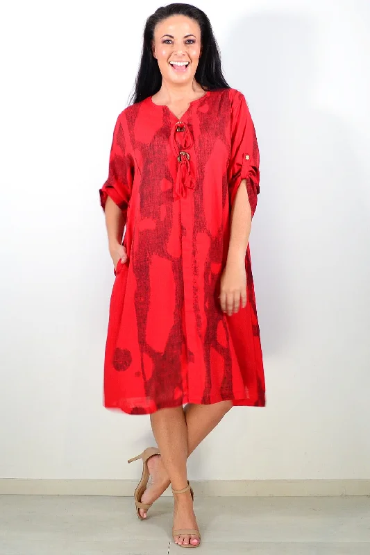 Red Linen Blend Tunic Dress