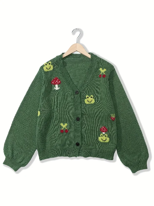 Sixsr Cartoon Printing Knit Cardigan, Casual Button Front Long Sleeve Sweater, Women's Clothing