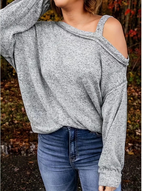 Sixsr Plus Size Casual Sweatshirt, Women's Plus Solid One Shoulder Long Sleeve Irregular Neck Slight Stretch Pullover Sweatshirt, Casual Tops For Fall & Winter, Plus Size Women's Clothing