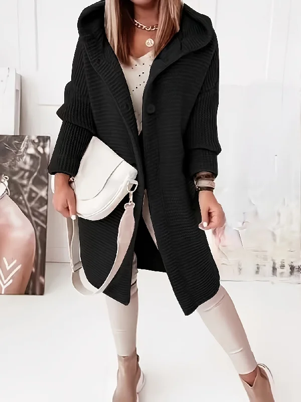 Sixsr Button Front Hooded Knit Cardigan, Casual Long Sleeve Simple Sweater, Women's Clothing