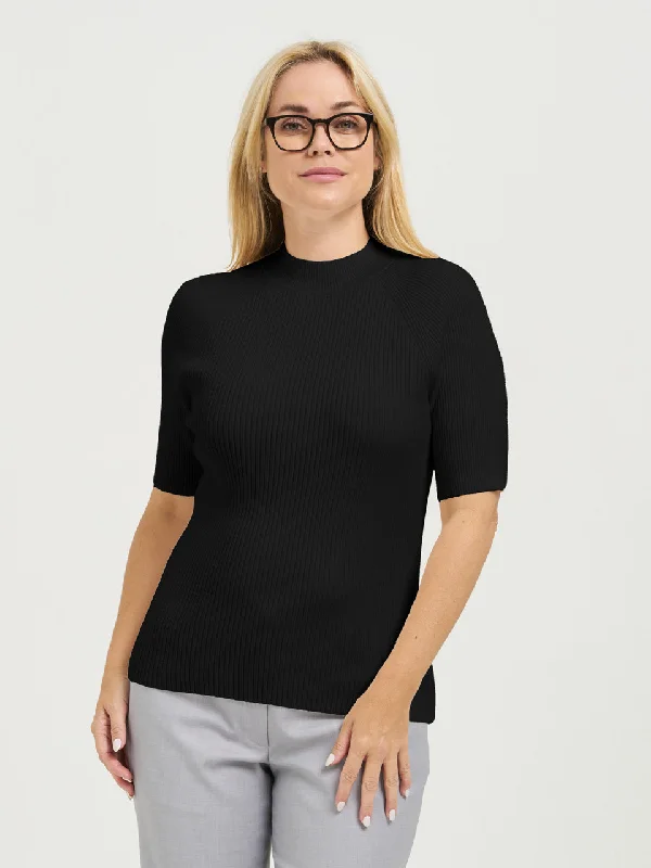 Ladies' Short Sleeve Ribbed Mock Neck Knit - Black