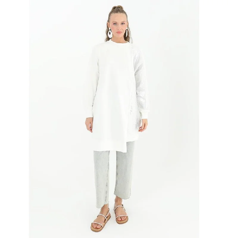 Modest Muslim Women's Distressed Metallic Tunic - 10474 White